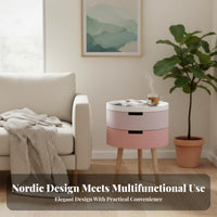Nordic Design Round two-in-onelevel Nightstand Minimalist & design 2-Tier Round accent Table Space-Saving Storage compact Multi-Functional for Apartment Dwellers, residents, Students, Balcony, Living Room, Bedroom, Small areas