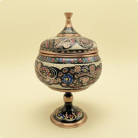 Handmade Copper Sugar Jar Pedestal Base Carved Copper Jar Enamel-Style Ornament Centerpiece