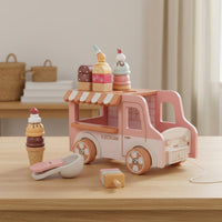 Educational Wooden Ice Cream Truck High-Quality Wood Ice Cream Playset Polished Edges Pull Along Toy Truck for Preschoolers, Playroom