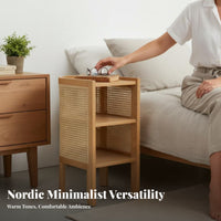 Japandi Aesthetic Storage Nightstand Compact Design Curved Rattan-Panel Cabinet Sturdy Construction End Table Rounded Corners for Homeowners, Apartment Dwellers, Bedroom, Small Areas, Guest House, Living Room