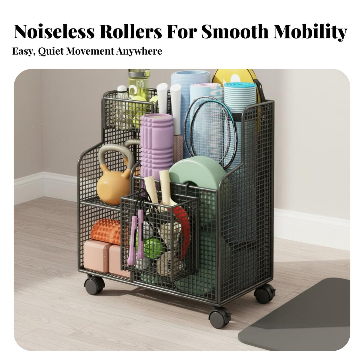 With Wheels Exercise Mat Storage Rack Space Saving Design Home Gym Storage Rack Large Capacity Rolling Home Gym Organizer Easy to Clean for Living Room, Garage