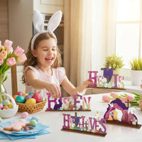 4 Pieces Wooden Easter Table Sign Colorful Design Easter Centerpiece Set Sturdy Wood Christian Wooden Sign for Holiday Decorators, Tiered Tray, Shelf