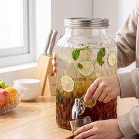 Water Dispenser Glass Water Jug with Fruit Infuser, Drink Dispenser with Wooden Base and Screw Lid