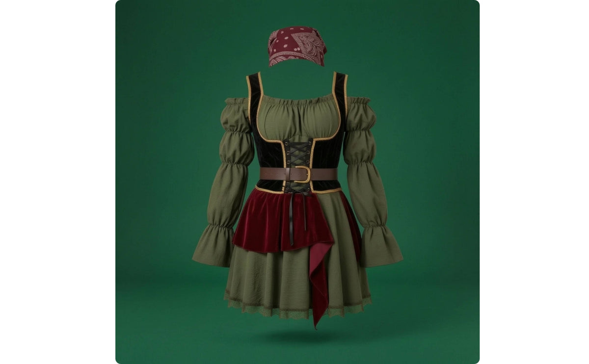 Off-Shoulder Pirate Dress Puff Sleeve Pirate Costume with Corset Belt Lace-up Dress with Belt for Women, Cosplay, Carnival, Theater Performances