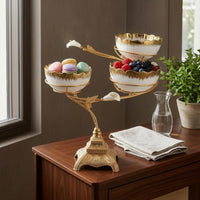 Three-Tier Fruit Tray Curved Arms Gold Metal Ornamental Pedestal Bowl Tray