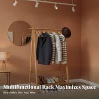 Multi-Functional Self-Standing Standing Garment Rack Multifunctional Self-Standing Standing Clothes Rack with Shelf Space Saving Bamboo Coat Stand Easy Assembly for Apartment Dwellers, Students, Renters, Bedroom, Dorm Room, Dormitory, Entryway