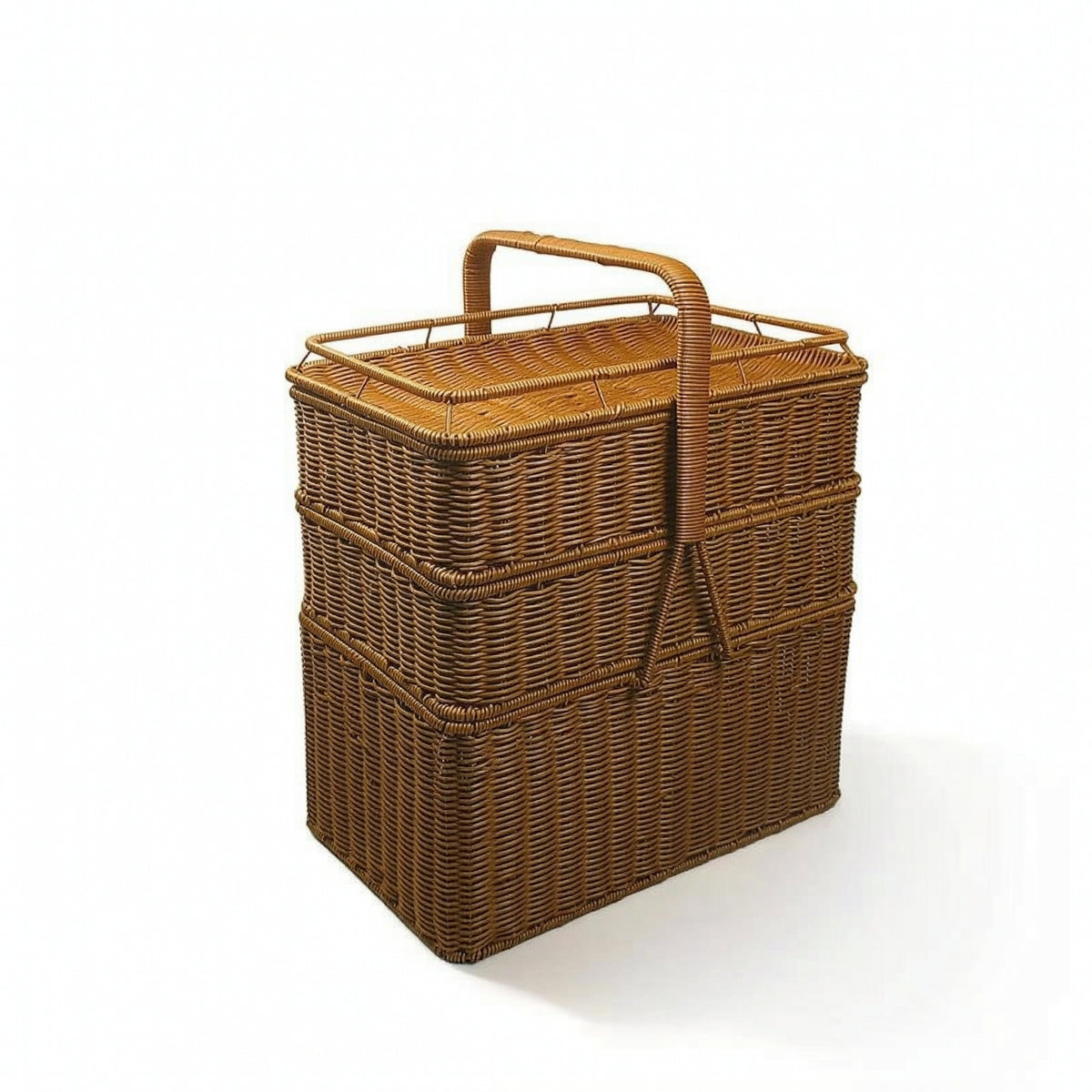 Three-Tier Picnic Basket Handwoven Rectangular Wicker Hamper Wicker Picnic Basket Lidded Handmade for Caterers, Picnics
