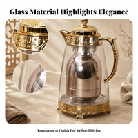 Metal Liner Insulated Glass Kettle Domed Lid Glass Serving Kettle Embossed Band Drinkware Curved Handle