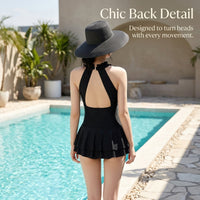 Swimsuit for Women with Stylish Backless Design and Skirted Control, Padded One-Piece in Polyester for Water Sports