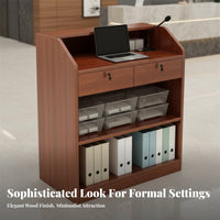 Modern Design Floor-Standing Lectern Multi-Purpose Reception Host Stand Wide Tabletop Wooden Podium with Storage Long-Lasting Construction for Presenters, Receptionists, Lecture Halls, Classrooms, Conference Rooms, Churches