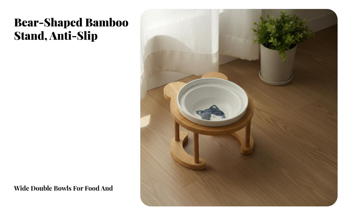 Cute Design Elevated Double Cat Bowls Easy to Clean Tilted Ceramic Pet Bowl Set Dishwasher Safe for Small Dog Owners, Indoor, Kitchen, Home