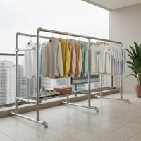 Rolling Dual-rod Garment Rack Heavy-duty Clothing Organizer with Sturdy Rust-resistant Steel Double Rod Design Bottom Storage Shelf Lockable Wheels Windproof Holders for Students Balcony Outdoor Dorm Room Home