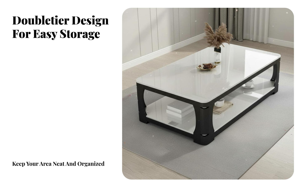 Tempered Glass Surface Double-Decker Rectangular Table Marble Pattern Modern Table 2-Tier Storage Household Furniture Sturdy Frame for Homeowners, Apartment Dwellers, Interior Decorators, Living Room, Home, Lounge Area