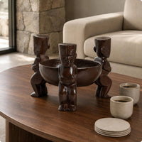 Glossy Finish Carved Figure Tray Dark Brown Sculptural Bowl Tray