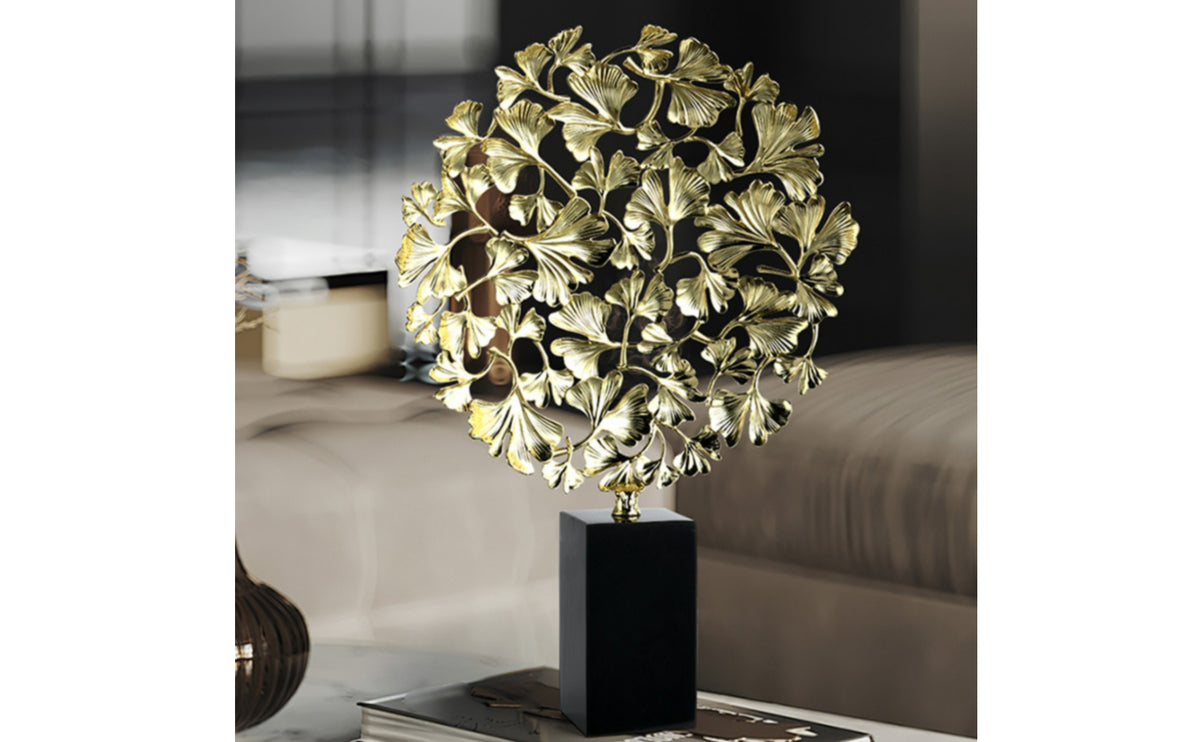 Ginkgo Leaf Sculpture Gold-Tone Ginkgo Leaf Ornament Openwork Sculpture with Pedestal for Home Stylists, Art Collectors, Living Room, Dining Table