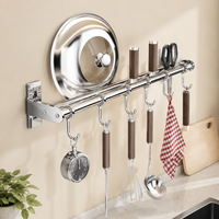 Kitchen Wall Rack, Silver Alloy Double Rod Utensil Rail with Movable Hooks, Wall Mounted Utensil Holder for Pots & Lids