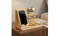 Multi-Functional Wooden Phone Charging Stand Easy Assembly Watch and Glasses Holder Bedside Organizer Station for Men, Desktop, Office, Entryway