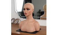 Photo-Ready Hairpiece Display Head Natural Skin Tone Mannequin Head with Shoulders Life-Size Female Mannequin Bust with Shoulders Stand Mountable for Retailers, Hair Stylists, Cosmetologists, Live Broadcasting, Photography, Retail Shop