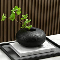 Vase with Woodgrain Texture Textured Oval Vase Low-Profile Vessel for Shelf Styling, Tabletop Display