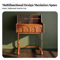 French design Bedside Vanity Cabinet Storage Drawer Dressing Table space-efficient Design Makeup Station illuminated Lighted Mirror for Women, Small Apartment Dwellers, Teens, individual Grooming