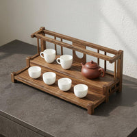Black Walnut Tea Display Stand Solid Wood Wooden Tea Set Organizer Space Saving Wooden Teacup Rack for Living Room, Kitchen, Office