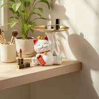 Auspicious Maneki Neko Tray Decorative Trinket Tray with Cat Cute Jewelry Dish with Cat Tabletop for Women, Vanity, Dresser, Entryway