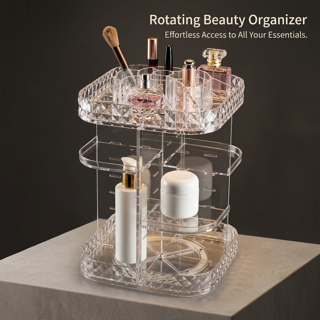 360 Rotating Makeup Organiser Storage, Clear Acrylic Multi Compartment Cosmetic Box, for Vanity Table Bedroom Dresser