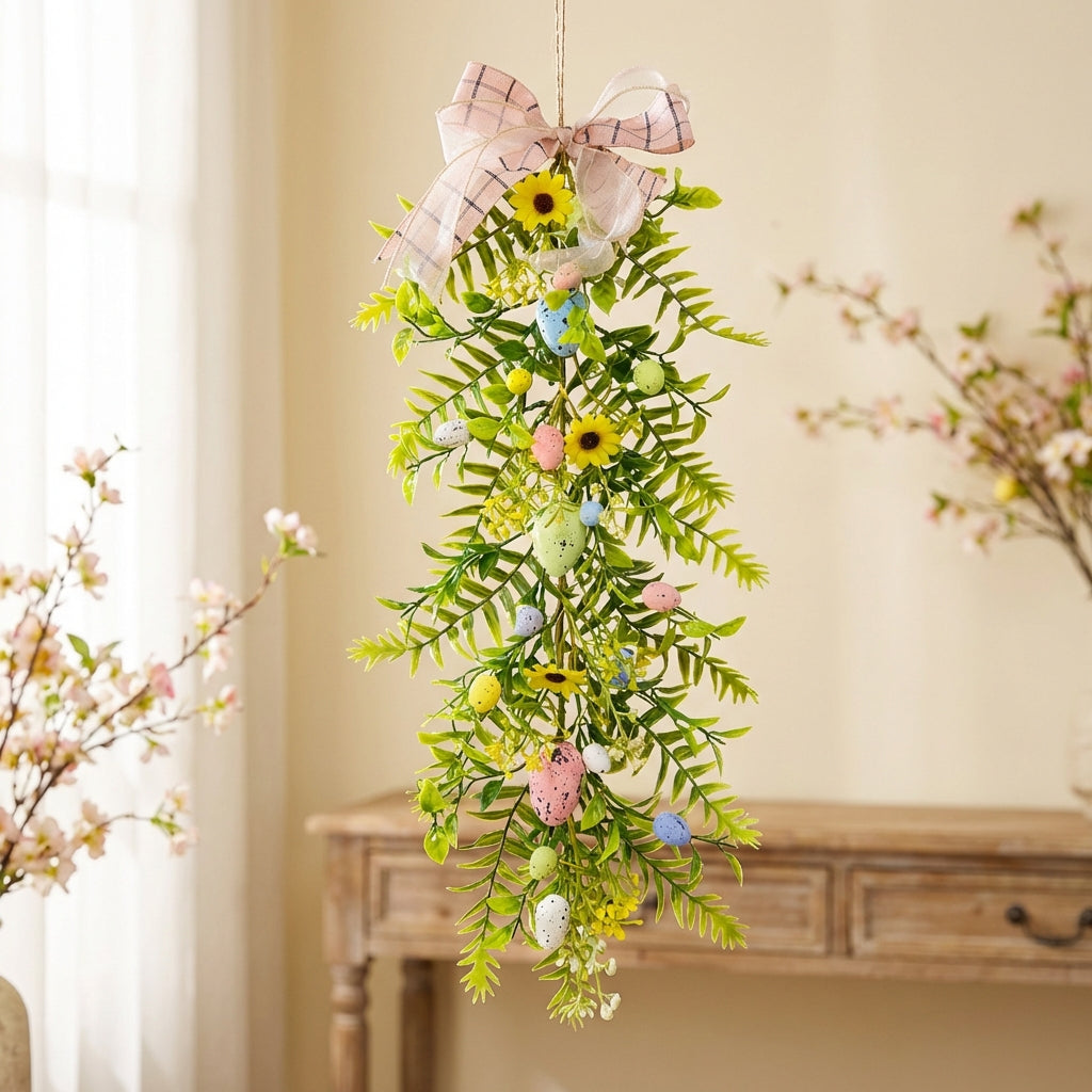 Easter Wreaths for Front Door, Easter Garland Hanging, Easter Egg Garland Colorful Easter Garland Lively Colors Mantlepiece Flower Vine for DIY Crafters, Homeowners, Mantelpiece, Fireplace Mantle, Doorway