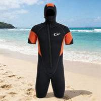 5 Mm Hooded Wetsuit Stretch Short Sleeve Wetsuit Stitched Seams Water Sports Gear Orange Panels for Diving, Surfing, Snorkeling