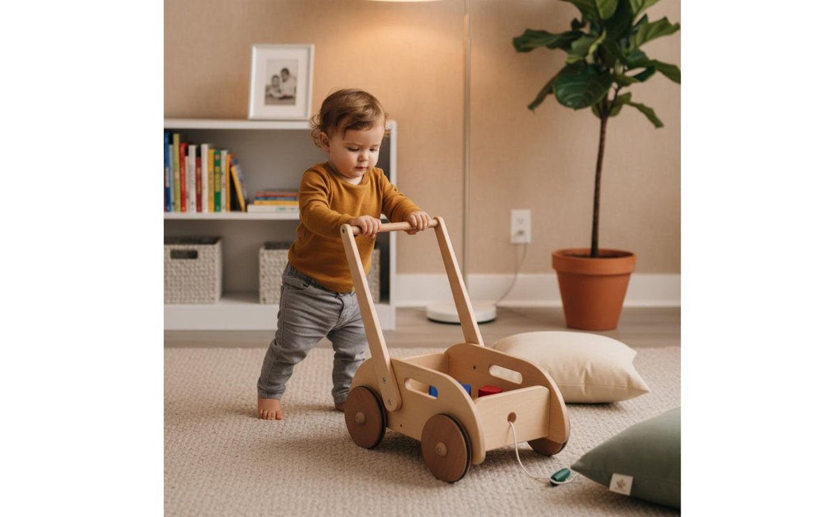 Wooden Fire Truck Activity Pusher Anti-Tip Over Design Sit-to-Stand Prevents O-Shaped Legs Child Activity Cart for Young Children, Infants