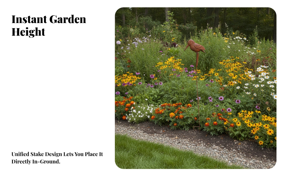 Outdoor Metal Avian Stake | Weathered Rust-Brown Finish, metal garden Ornament, for Lawns