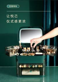 台式LED化妆镜子带灯桌面学生梳妆补光收纳盒一体大号卧室家用女 豪华款【北欧白】带化妆镜
