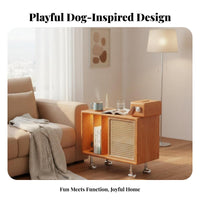 Rattan Woven Door Dog-Shaped End Table Playful creature Design Side Cabinet Multi-Purpose Home Furniture Narrow dimensions for Pet Lovers, Apartment Dwellers, Homeowners, Living Room, Bedroom, Entryway, Small Spaces