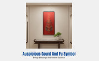 Silk Embroidery Wall Art, Gourd Design, Upright Entryway Hanging, Modern Oriental, Wooden Frame