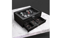 Carbon-Fiber-Pattern Double-Layer Watch Box Scratch-Resistant Watch Organizer with Drawer Dustproof Jewelry Organizer with Glass Lid Padded for Collectors, Dresser, Vanity, Retail Shelf