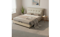 Cream Leather Tufted Bed Light Luxury Style Modern Leather Bed Frame Solid Wood Slat Base Bedroom Furniture for Couples, Small Apartment