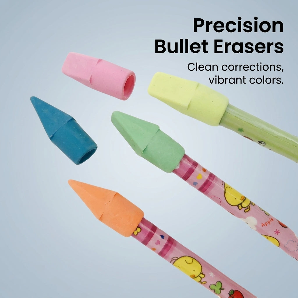 3D Bullet Shaped Pencil Cap Erasers for Children, Colorful Eraser Toppers for Students Homework, Multicolor Office Stationery