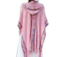 Ethnic Hooded Cape, Women's Pullover Shawl, Travel Scarf, Tassel Design, Multi-Color, Autumn, Photo Outfit