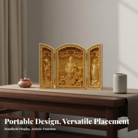 Intricate Element S Foldable Buddhist Shrine Portable Three-Panel Altar Box Boxwood Prayer Box for Spiritual Seekers, Art Collectors, Home Decorators, Meditation Space, Living Room, Travel, Office Desk