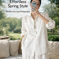 Linen Blend Shirt for Women UK with Collared Neckline and Long Sleeves, Summer Tops for Beach Cover Up and Sun Protection, Loose Fit