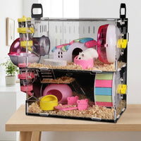 Transparent Hamster Cage, Double Layer Hamster Cage, Acrylic Hamster Cage Starter Kit for Syrian or Dwarf Hamster, Complete Set with Water Bottle
