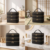 Travel Makeup Bag with Handle Multi-Functional Travel Makeup Bag with Compartments Structured Three-Layer Cosmetic Organizer for Overnight Stays