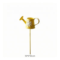 Miniature Iron Watering Can Stake Curved Handle Mini Watering Can Decor Short Spout Flower Pattern Garden Stake Compact Size for Tabletop Micro-Landscape, Potted Plant