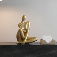 Golden Sitting Lady Figurine Elegant Accent Piece Abstract Woman Statue Handcrafted Look House Decoration for Living Room
