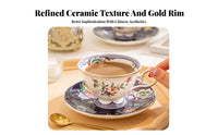 Floral Avian Pattern Teacup Gift Boxed Gold Trim Coffee Mug Ceramic Teacup and Dish Set High-Temperature Fired for Cafe
