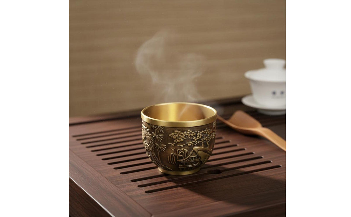 Embossed Dragon Embossed Avian Cup Fine Craftsmanship Embossed Brass Cup Multi-Functional Chinese Landscape Teacup for Collectors, Home Decor, Altar