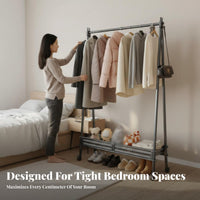 Space-Saving Design Rolling Clothing with Shelf Easy Assembly Wheeled Hanging with Bottom Shelf Multi-Functional Garment Rack Heavy Duty for Homeowners, Renters, Students, Bedroom, Dorm Room, Entryway, Balcony