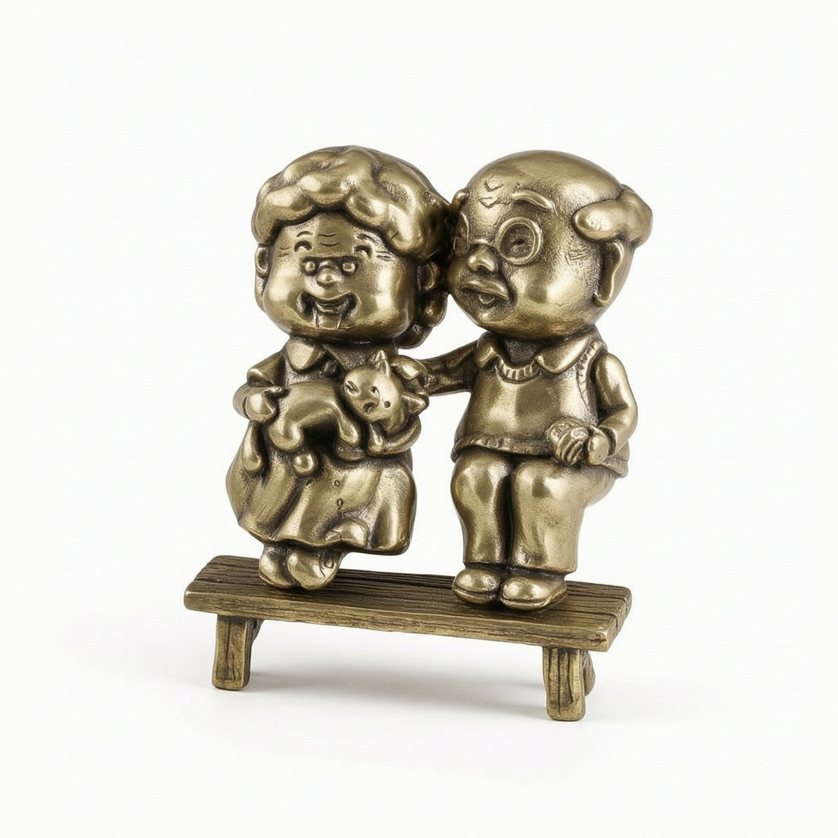Elderly Couple Statue Brass Figurine with Bench Antique-Style Couple Figurine for Desk Decoration