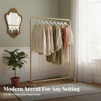 Gold Finish Single-Rod Clothes Stand with Shelves Adjustable Height Garment Rack Floor-Standing Design Clothing Organizer Multi-Functional for Boutique Owners, Apartment Dwellers, Bedroom, Retail shop, Entryway, Small Spaces