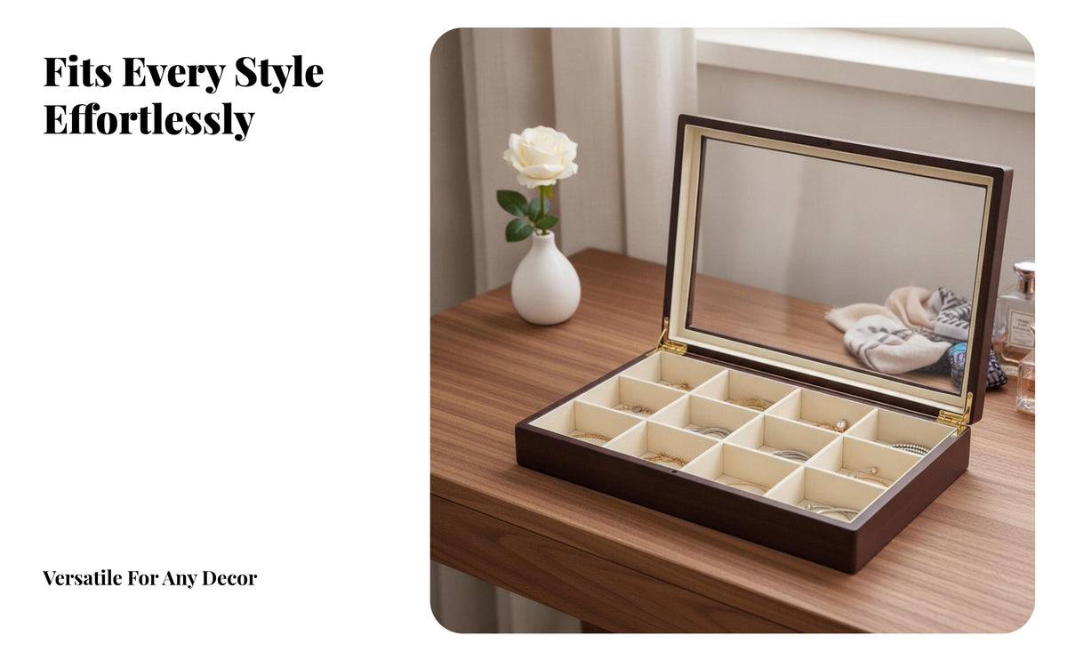 Dustproof 12-Compartment Jewelry Tray | Dark Wood Exterior, Jewelry Display Case with Glass Lid, for Dresser